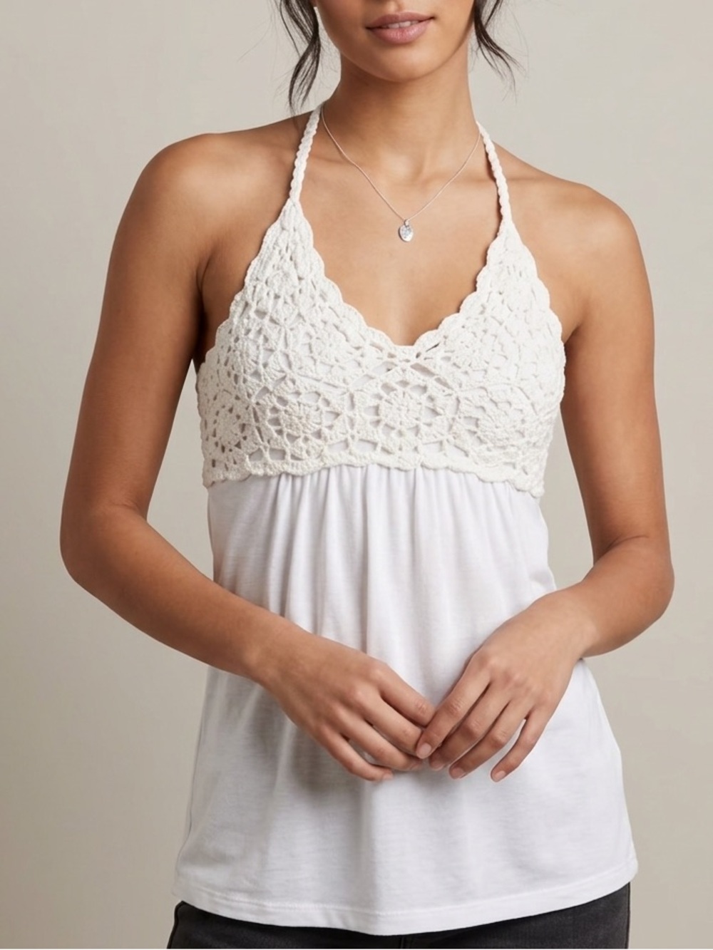 Kismet Summer Crochet Lace‎ White Halter Neck Tank Top Size Large